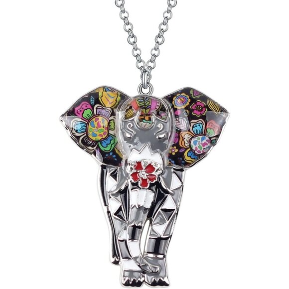 Women's Gray Jungle Safari Wild Enamel Pendant Lightweight Elephant Necklace - Picture 1 of 6